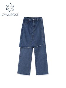 Jeans jupe de jeans droits pour femmes fausses deux pièces rétro High Street Oversize Loose Casual Denim Cantoureurs Haruku Hip Hop Pant