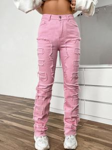 Jeans Stijlvolle vrouw met dames roze gestapelde gescheurde denim katoenen stretch lange broek y2k dames kleding 231122