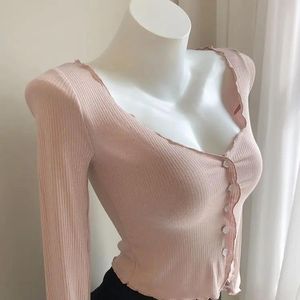 Jeans Femmes Top à manches longues rose serrée, printemps et t-t-t-tricot, bas, tout nouveau tshirt vert et vert sexy, 2021