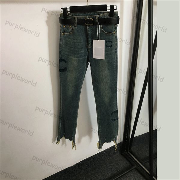 Jeans femmes pantalon brodé jambe coupe trous conception maigre petit pied jean mode neuf points crayon pantalon