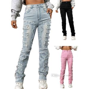 Jeans Womens geborduurde kwastje denim broek met rechte pijpen Mode INS elastische cargobroek Y2k broekoutfits
