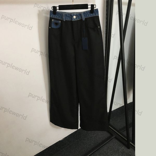Pantalones vaqueros para mujer diseño de retazos cintura alta pierna recta pantalones anchos Casual sueltos pantalones de moda negros