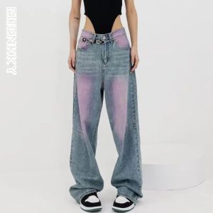 Jeans Femmes rétro jean lavage violet Streetwear Hip Hop décontracté jambe large Vintage Demin pantalon Y2k pantalon droit ample femme 2023