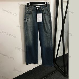 Jeans Dames met geborduurde letters aan de zijkant, gewassen om oude denimmodebroeken met hoge taille en wijde pijpen te maken