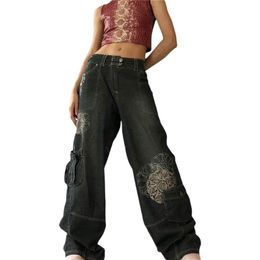 Jeans XingQing Y2K Mid Taille Jeans Retro Printing Denim Pants met zakken Dames Denim broek Haruku Street Indie Aesthetic Jean