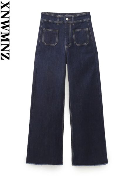 Jeans XNWMNZ 2023 femmes mode poche plaquée jean marin femme Vintage taille haute fermeture éclair femme Chic jambe large jean