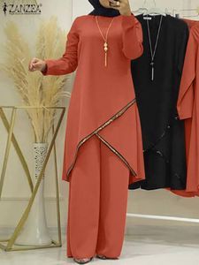 Jeans ZANZEA Mode Stedelijk Trainingspak Moslim Vrouwen Lange Mouw Blouse Abaya Pakken Pailletten Islamitische Kleding Losse Bijpassende Sets 2 STUKS
