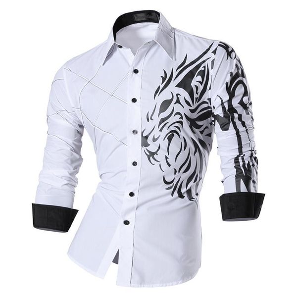 Jeansian hommes robe de mode chemises décontractées bouton vers le bas à manches longues Slim Fit Designer Tattoo Lion Z030 White2 LJ200925