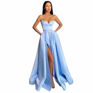 Jeheth Blue Sexy Sweetheart Satin Party Dr Spaghetti Strap High Split Une ligne de bal robe de soirée Lg avec ceinture robes de gal n8Iq #