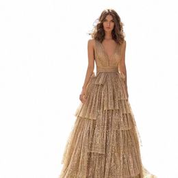 Jeheth Magnifique Champagne Sparkly Soirée Bal Dr 2024 Sexy A-ligne Tulle Col En V Backl Robe De Soirée À Volants Arabie Saoudite Femmes L2XF #