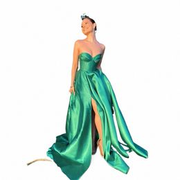 Jeheth vert Strapl Satin côté fendu soirée Dr pour les femmes élégant Sawetheart Backl une ligne robe de soirée de bal longueur de plancher 83nS #