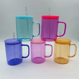 Jell Color Tasses en verre de sublimation de 17 oz avec poignée Gobelet de camping-car Pot de jus Boisson glacée Canette de bière Verres Tasses à café en borosilicate avec couvercles en plastique colorés Pailles