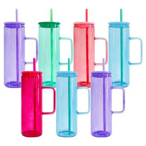 Geleikleurige helderglazen koffiemokken 20oz skinny rechte hoge glazen mok met gekleurd pp-deksel herbruikbare hoge borosilicaat blanco sublimatie glazen beker 25 stks / doos