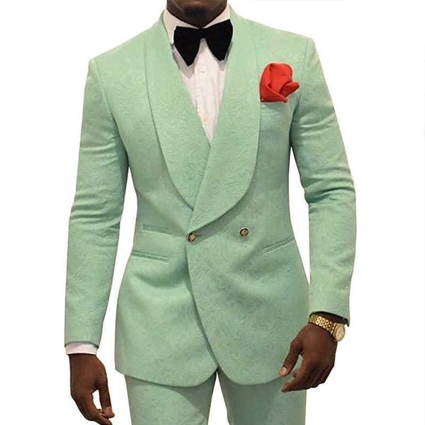 JELTONEWIN, verde menta, Floral, ajustado, para hombre, trajes de doble botonadura para boda, novio, esmoquin, chaqueta de 2 piezas, pantalones, trajes de fiesta de graduación X0909