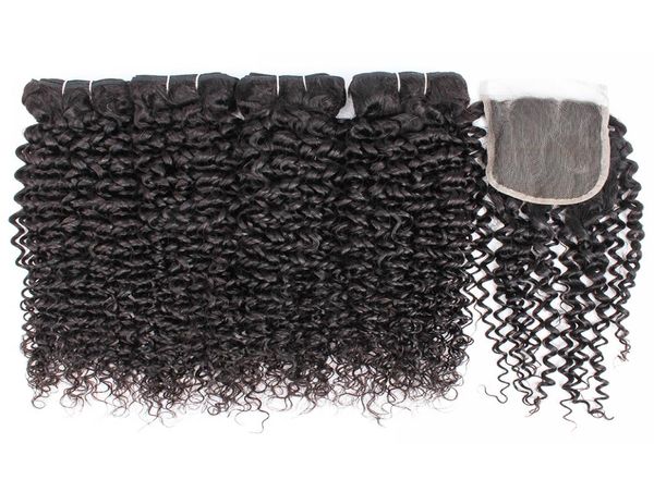 Jerry Curl Virgin Hair 4 paquetes con 44 cierres de encaje Color natural Remy Brasileño Peruano Indio Camboyano Cabello humano rizado Ext9848026