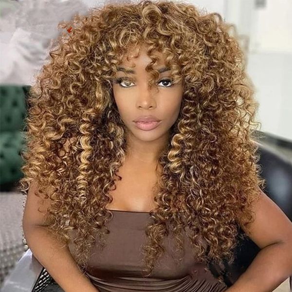 Jerry Perruque de Cheveux Humains Bouclés avec Bang piano brun blond Brésilien Remy Cheveux afro crépus bouclés Blonde 4 27 Highlight Coloré Perruque pour Femme Full Machine Made Wig 180% densité