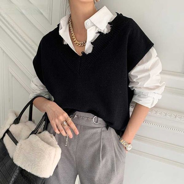 Jersey Mujer White Stand Chemises Femmes Blouse à manches longues Solide Col V Pulls sans manches Gilet Noir Knit All-Match Casual Sets 210610