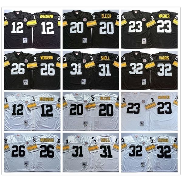Jersey Vintage Pittsburgh 12 Terry Bradshaw Steeler 20 Rocky Bleier 23 Mike Wagner 26 Rod Woodson 31 Donnie Shell 32 Franco Harris Maillot cousu