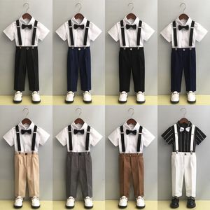 Jerseys Kinderen Zomer Herfst Overalls Kleding Set Jongens Prestaties Feest Gastheer Trouwjurk Kostuum Kinderen Shirts Broek Riem Bowtie 230707