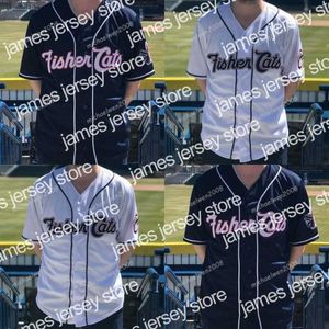 Maillots College Baseball Wears Baseball Mens New Hampshire Fisher Cats Blanc Bleu Marine Personnalisé Double Couture Chemises Maillots De Baseball High-q