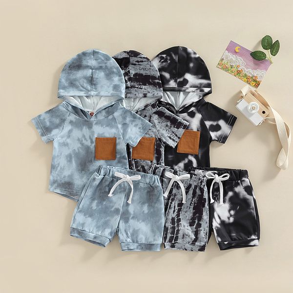 Maillots Mode Été Toddler Bébé Garçons Vêtements Ensembles Tie Dye Imprimer À Manches Courtes À Capuche Poche TopsDrawstring Shorts Coton Survêtements 230705