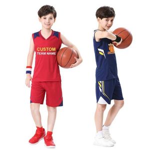 Jerseys Kids Basketball Jerseys Aangepaste basisschool Basketbaluniform Sets Ademen mouwloos shirt kort basketbalpak voor jongens T240524