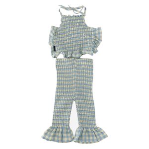 Maillots été enfant en bas âge fille coton sans manches treillis dos nu haut pantalon évasé tenues quotidiennes 230704