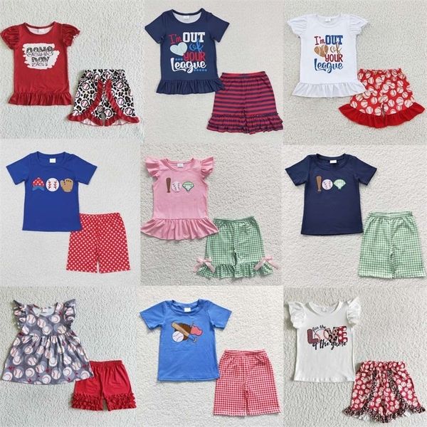 Jerseys Venta al por mayor Baby Girl Boy Béisbol Conjunto de verano Juego Bola Mangas cortas Top Camiseta Camiseta para niños pequeños Amor Pantalones cortos Traje para niños 230906