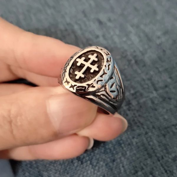 Anillo de cruz de Jerusalén de oro blanco de 14 quilates cruzados religiosos masculinos Jesucristo Caballero medieval templario militar de mediana edad para hombres