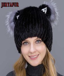 Jeryafur vrai chapeau pour femmes chapeau d'hiver avec tissage vertical chapeaux mignons avec oreilles de chat et fur9157609