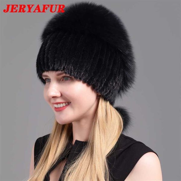 JERYAFUR Sombreros de piel de mujer Fluffy Invierno Cálido Punto Natural Visón Moda Top 211119