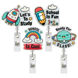 Jesjeliu Rainbow Rocket Planet Potlood Acryl Badge Holder Leraren Studenten Intrekbare ID Badge Reel Clip Teachers 'Day Gifts