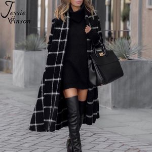 Jessie Vinson Vintage Noir À Capuche Plaid Long Trench-Coat Femmes Chic High Street Ceinture Coupe-Vent Trench Lady Laine Manteau D'hiver 201016