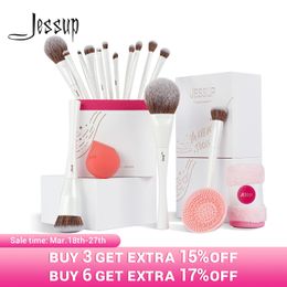 Jessup Makeup Brushes 4-14pcs MAQUE UP BROSST SETT HAUT-FEND MAKEUP Gift Set pour les femmes avec éponge maquilleur Cleanertowel T333 240327