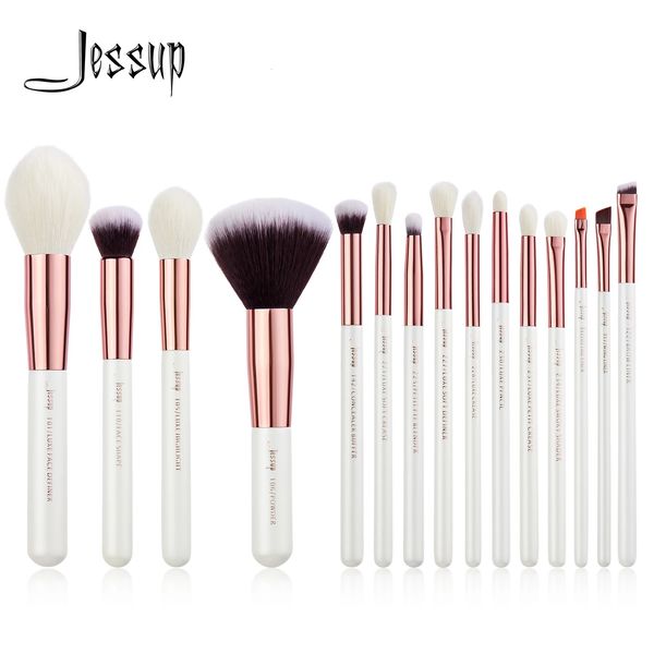 Jessup Juego de brochas de maquillaje profesional 15 piezas Brocha de maquillaje Base sintética natural Detalle de polvo Brocha para ojos Blanco perla T222 240311