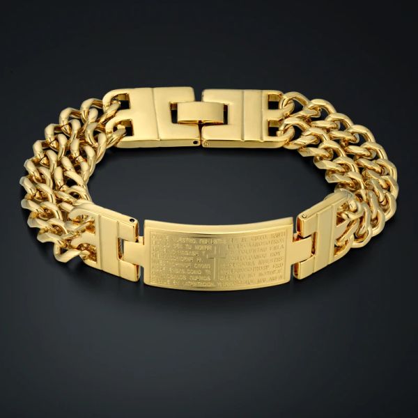 Jésus christianisme Bible espagnol Bracelet Homme Unique croix d'or chaîne épaisse lien ID Bracelet 14k or jaune hommes bijoux