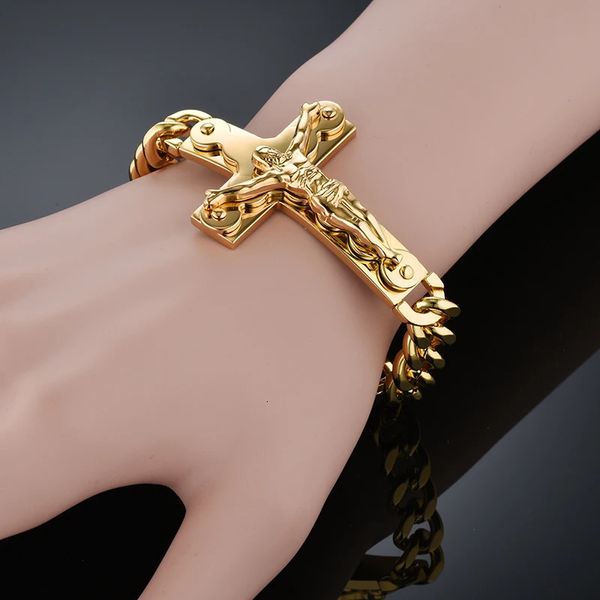 Jesus Cross Mens 316L Bracelet en acier inoxydable masculin Bracleira Braclets Gold Color Bracelets pour hommes bijoux 240422