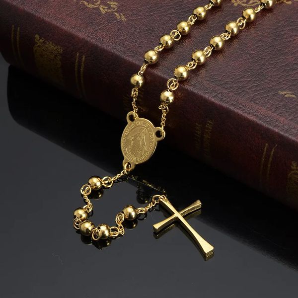 Jésus Croix Pendentif Collier En Acier Inoxydable Couleur Or Pour Les Femmes Religieux Chrétien Bijoux Chapelet Perles Cadeaux Simples 240311