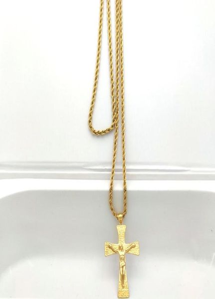 Jésus Crucifix Big Pendant 22k Solid Fine Gold 18CT Thai Baht G / F Collier 800 mm Chaîne de corde charmante Bijoux Hip Hop1909328