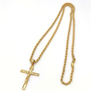 Jésus Crucifix Croix Pendentif Fine Jaune 4mm Corde Italienne Hip Hop Chaîne Collier 31 pouces 22k Or Massif 18ct THAI BAHT G / F