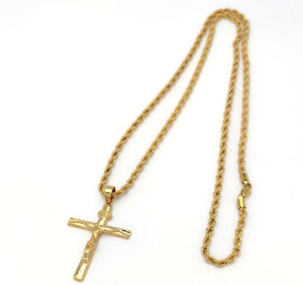 Jésus Crucifix Pendant Fine jaune 4 mm Collier de chaîne de hip hop italienne 31inch 22k Gold Solid 18CT Thai Baht G / F2967923