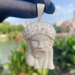 Collier de diamants tête de Jésus Vvs Moissanite, chaîne à maillons cubains en argent Sterling de luxe