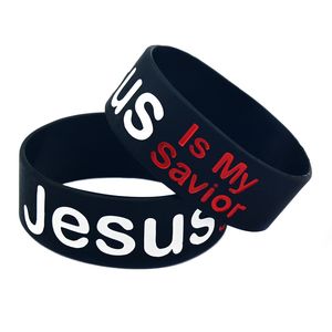 50 stks Jezus Is My Savior Silicone Armband 1 Inch Brede Rubber Polsband Zwart Inkt Gevuld Logo voor religieus geloof
