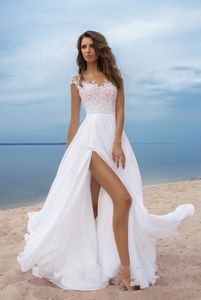 Jewel Cap-sleeve gasa línea A vestidos de novia cintura imperio barrido tren lado Split apliques vestido de novia