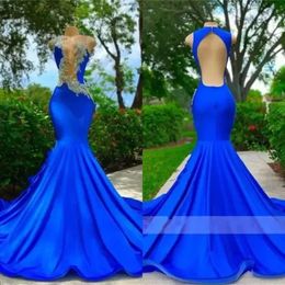 Jewel Long Blue Royal Neck Prom -jurken voor zwarte meisjes Appliques Verjaardagsfeestje Jurk Mermaid avondjurken Robes BC15273