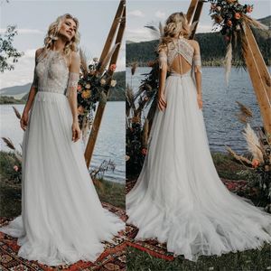 Bijou cou bohème plage robes de mariée avec manches 2022 Vintage gland Crochet dentelle pays jardin Boho robes de mariée