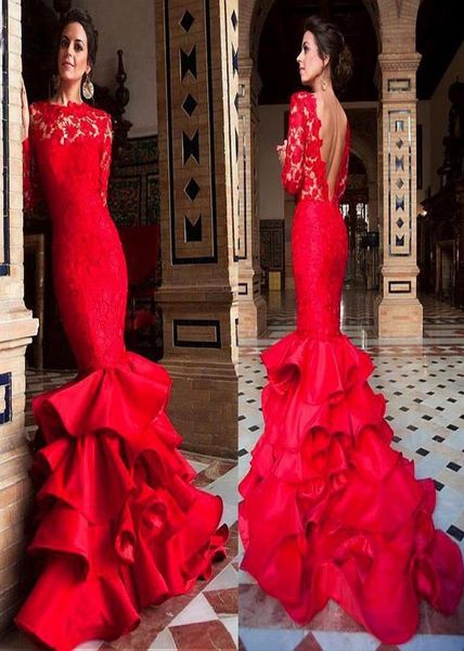 Vestidos de noche de sirena con escote de joya con encaje de mangas largas y falda satén con volantes Vestidos Vestidos Longos de Fe3102288