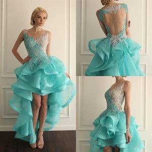 Jewel Sheer Neckline High Low Short Homecoming Jurken Turquoise Galajurken Met Kant Applique Ruglooze Ruches Cocktailjurken Cus212E