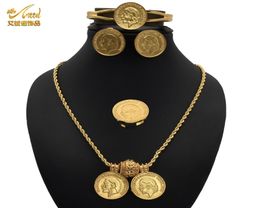Conjunto de joyas Conjuntos de aretes nupciales africanos para mujer Joyería chapada en oro indio Collar de monedas Anillos de boda Pulsera Diseñador egipcio1491428