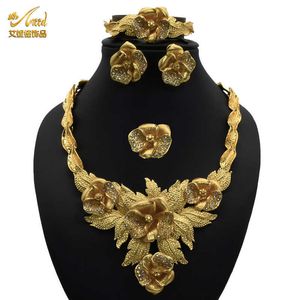 Ensemble de bijoux Indien Collier Ensembles Pour Femmes Bijoux De Mariage Anneaux De Mariée Plaqué Boucles D'oreilles Bracelet Dubaï Fleur Éthiopien Or H1022